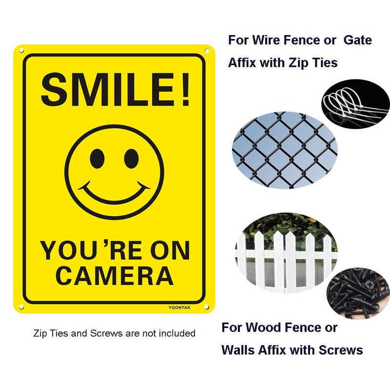 YGONTAK 2Pcs Smile You'Re On Camera Sign Reflective Video Surveillance Signs 10X7 Inch Aluminum Uv Protected Sign For Cctv Security Camera - Image 3