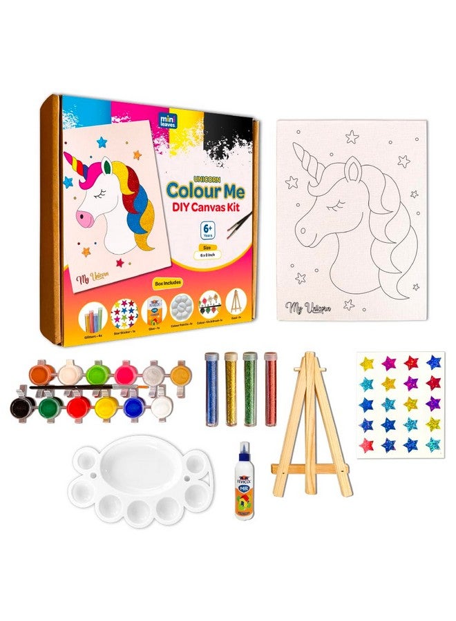 Mini Leaves Mini Leaves DIY Art Set Unicorn DIY Canvas Art Kit with Wooden Easel, Premium Paint Kit for Kids 6+ Years, Brush, Glitters, Beginner DIY Canvas Kit for Kids, Single Piece - 8 x 6 Inches  - Image 1