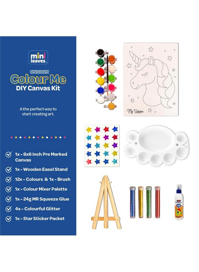 Mini Leaves Mini Leaves DIY Art Set Unicorn DIY Canvas Art Kit with Wooden Easel, Premium Paint Kit for Kids 6+ Years, Brush, Glitters, Beginner DIY Canvas Kit for Kids, Single Piece - 8 x 6 Inches  - Image 2