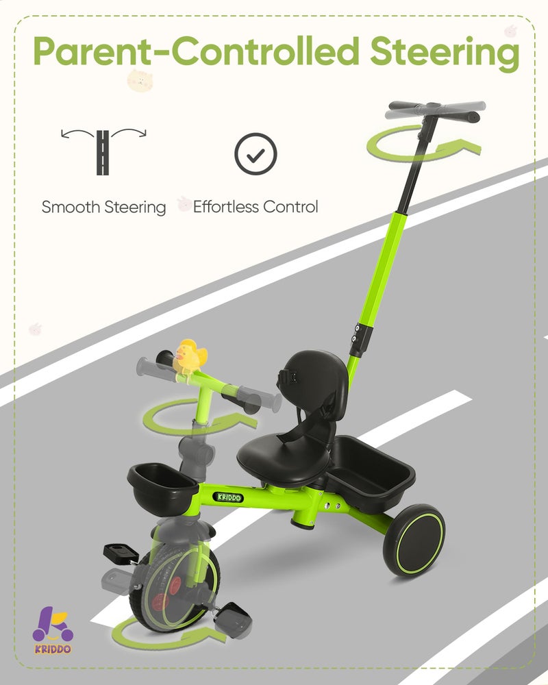 KRIDDO 2-in-1 Tricycle for Toddlers 1.5-5 Years, Push Tricycle with Parent Steering & Detachable Handle, 9-Stage Adjustable Handlebar, Toddler Trike with Safety Belt, Clutch Pedals & Dual Baskets, GN - Image 3