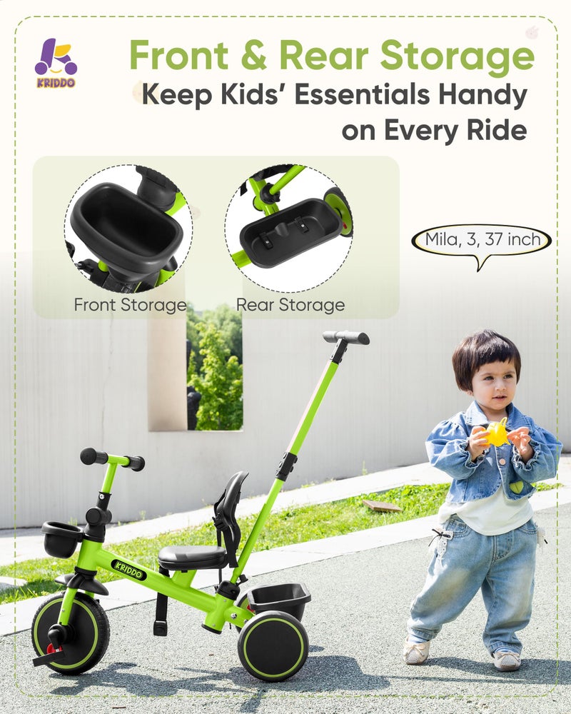 KRIDDO 2-in-1 Tricycle for Toddlers 1.5-5 Years, Push Tricycle with Parent Steering & Detachable Handle, 9-Stage Adjustable Handlebar, Toddler Trike with Safety Belt, Clutch Pedals & Dual Baskets, GN - Image 4