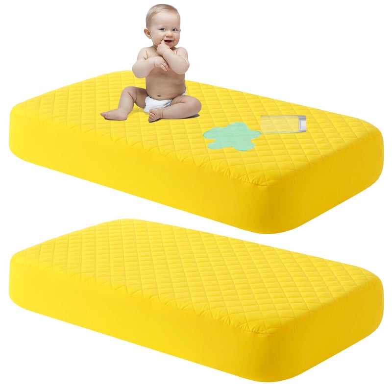 NTBAY 2 Pack Waterproof Mini Crib Mattress Protector  Quilted 24""x38"" Fitted Mattress Cover - Machine Washable - Soft and Breathable Baby Mattress Pad Sheet for Mini Crib and Baby Playards  Yellow - Image 1