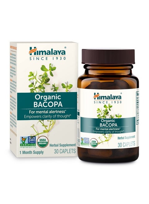 Organic Bacopa Monnieri / Brahmi Nootropic Brain Supplement Booster For Mental Sharpness Focus Memory And Cognitive Wellness 750 Mg 30 Caplets 1 Month Supply