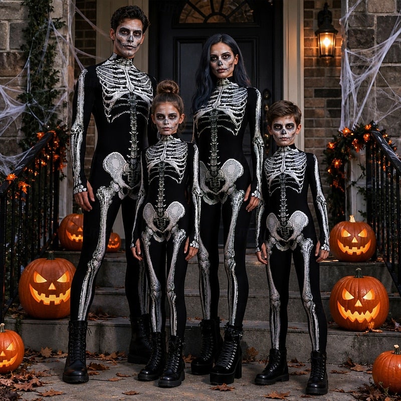 Y&D Halloween Jumpsuit Costume Bodysuit Group Costume Full Body Skeleton Skeleton Printing Front Zipper Gothic Spooky Scary Costume Unisex Costume for Club Party Halloween Carnival Kid's Adults' - Image 2