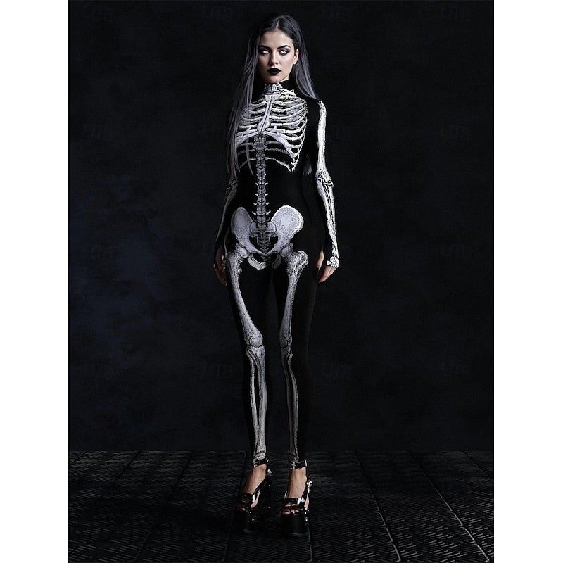Y&D Halloween Jumpsuit Costume Bodysuit Group Costume Full Body Skeleton Skeleton Printing Front Zipper Gothic Spooky Scary Costume Unisex Costume for Club Party Halloween Carnival Kid's Adults' - Image 3