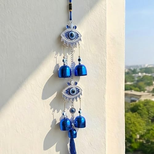 sculpmart Dual Eye Design Evil Eye Wind Chime with Hanging Chain Design & 5 Bells for Main Door & Balcony Hanging for Positivness & Melody Sound (2 Eye Design) - Image 1