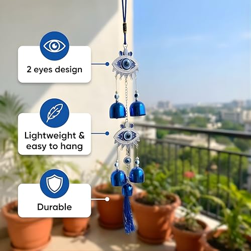 sculpmart Dual Eye Design Evil Eye Wind Chime with Hanging Chain Design & 5 Bells for Main Door & Balcony Hanging for Positivness & Melody Sound (2 Eye Design) - Image 2