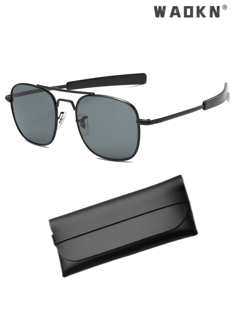 WAOKN Men's Military Style Polarized Pilot Aviator Sunglasses Bayonet Temples, Classic Vintage Aviator Sunglasses Large Frame Retro 70s Sunglasses, Aviator Frame UV400 Trendy Grey Glasses - Image 1