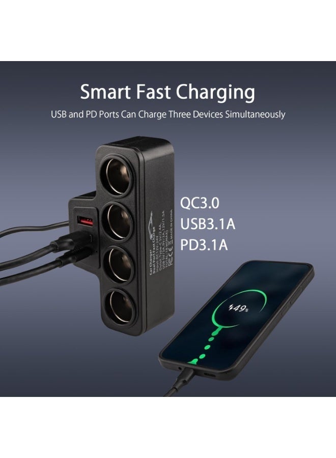 شاحن سيارة Leehitech 7 في 1 يعمل بمنفذ ولاعة السجائر وUSB، بقوة 120 واط، مزود بـ 4 منافذ ولاعة سجائر و3 منافذ USB (QC 3.0 + USB 3.1 + PD 3.1) لشحن سريع لأجهزة السيارة 12 فولت/24 فولت، والهواتف، وأجهزة الكمبيوتر المحمولة، وأجهزة iPad. - Image 5