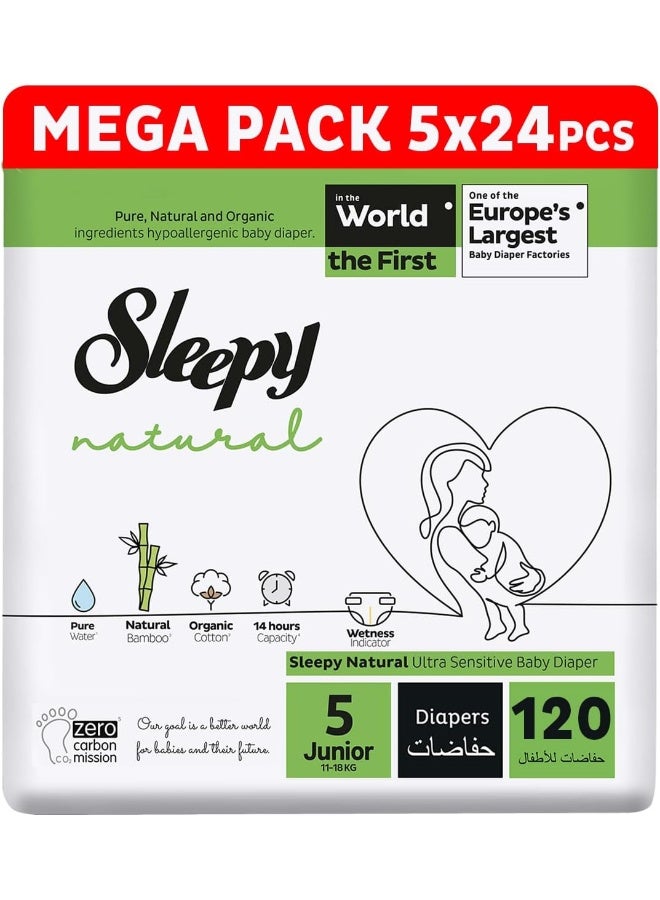 Sleepy Natural Size 5 , Newborn, 5 X 24 Count, 11-18Kg Hypoallergenic Baby Dry Diapers, Organic Cotton, Highly Absorbent, Bamboo Extract, Ultimate Comfort And Dryness, 100% Leakage Protection - Image 1