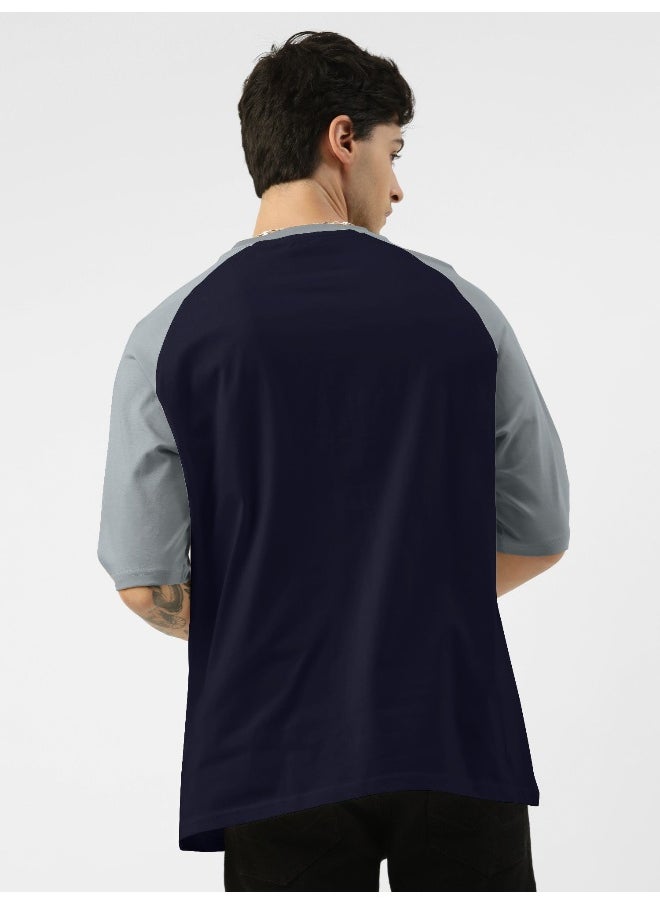 Maniac Mens Printed Round Neck Raglan 3/4th Sleeve Navy and Light Blue Cotton Oversized Tshirt  - Image 4