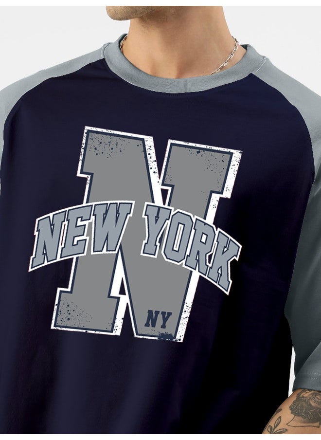 Maniac Mens Printed Round Neck Raglan 3/4th Sleeve Navy and Light Blue Cotton Oversized Tshirt  - Image 5