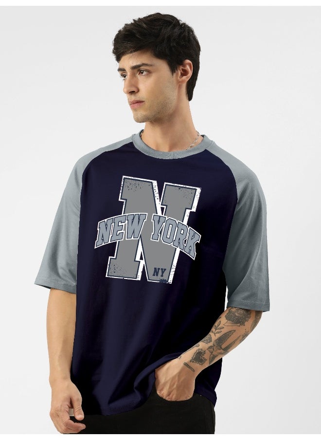 Maniac Mens Printed Round Neck Raglan 3/4th Sleeve Navy and Light Blue Cotton Oversized Tshirt  - Image 1