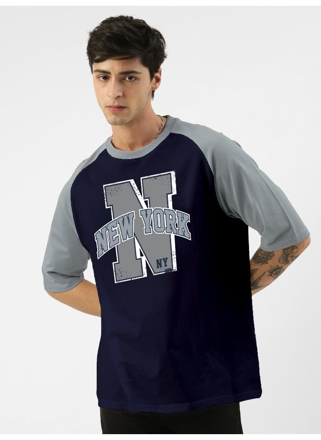 Maniac Mens Printed Round Neck Raglan 3/4th Sleeve Navy and Light Blue Cotton Oversized Tshirt  - Image 3