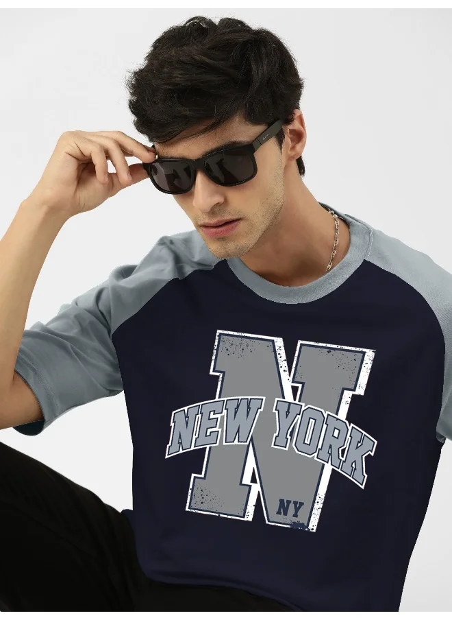 مانياك Mens Printed Round Neck Raglan 3/4th Sleeve Navy and Light Blue Cotton Oversized Tshirt