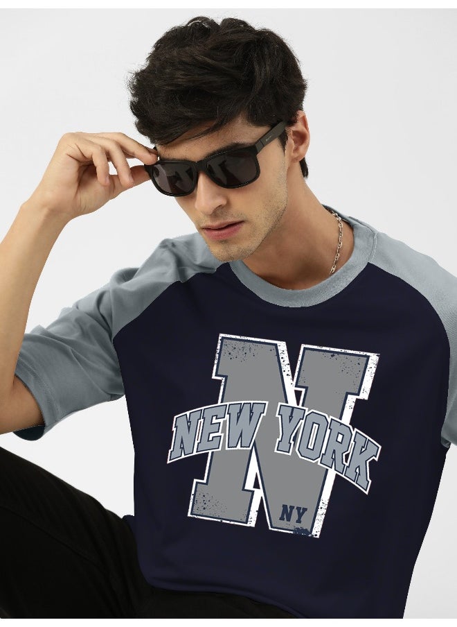 Maniac Mens Printed Round Neck Raglan 3/4th Sleeve Navy and Light Blue Cotton Oversized Tshirt  - Image 2