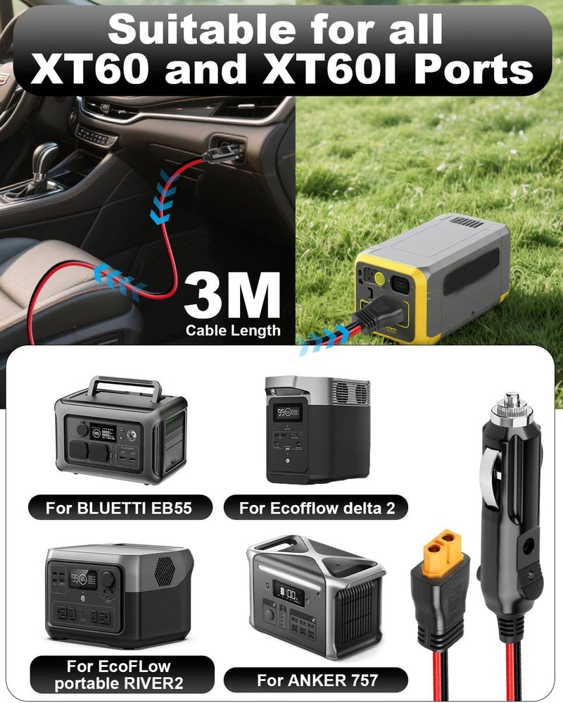 BUZUYIWAR محول تيار مستمر 12V/24V من نوع XT60 لـ ECOFLOW، شاحن سيارة بطول 3 أمتار إلى XT60 لـ DELTA Delta 3 2 Max Bluetti EB55 Anker 757 767 SOLIX C200 C300 C1000 محطة طاقة مولد شمسي قابس XT60 سلك شحن سيارة 16AWG - Image 2