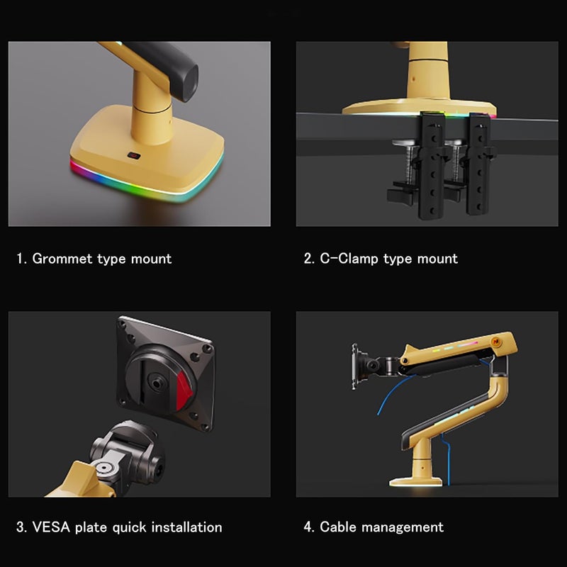 NB ERGONOMIC NB Gaming Monitor Arm or for 32 to 60 Inches Screen, Load up to 20 kg, VESA 75/100, RGB-Light, Heavy Duty, Multi Angle Adjustable, Premium Aluminum, Yellow - Image 4