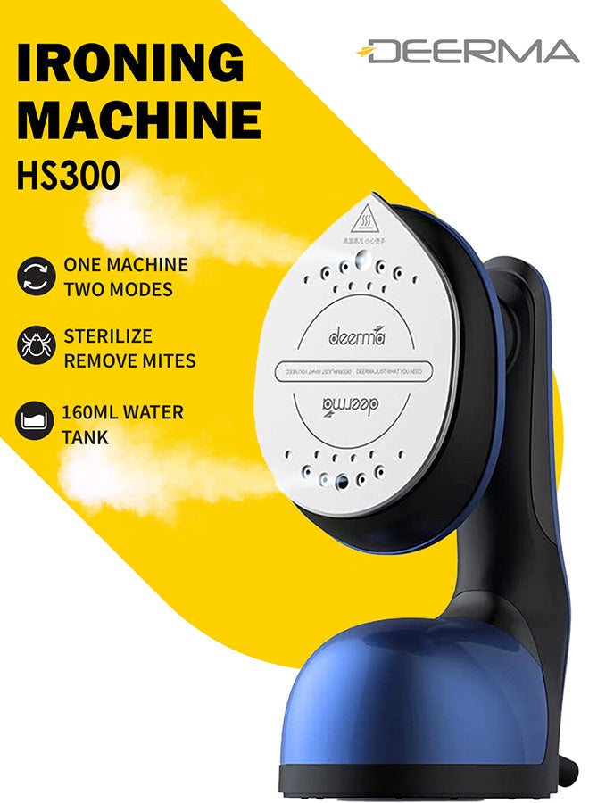 Deerma 2 In 1 Portable Garment Steamer Sterilizer And Ironing Machine 160ml Removable Water Tank Remove Mites Dual-Core Channel Hot Air 1000W Pulse Steam Automatic Power off 160 ml 1000 W HS300 Blue - Image 1