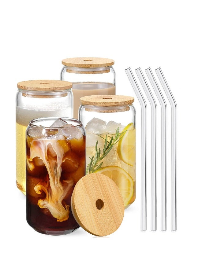JOMILA [ 4pcs Set ] Glass Cups with Bamboo Lids and Glass Straw Can Shaped Drinking Glasses 16 oz Iced Coffee Glasses Tumbler Cup for Smoothie Boba Tea,Water - Image 1
