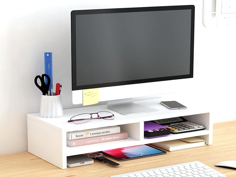 Olpad Adjustable Dual Monitor Stand with Storage Organizer, Wooden Desktop Riser for Monitors, Bamboo Corner Desk, Ergonomic Computer Riser with Pen Holder and Organizer (Monitor Stand (white) 3 Box Simple) - Image 1