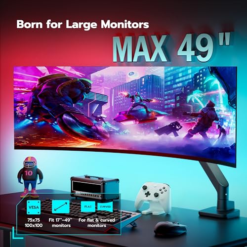 ARES WING Ultrawide Monitor Arm for 17 to 49 Inch Heavy Duty Curved Screen, Holds 44 Lbs, Adjustable Gas Spring Monitor Arm Desk Mount with C Clamp, Grommet Base, 75/100 Vesa Mount, Black - Image 3