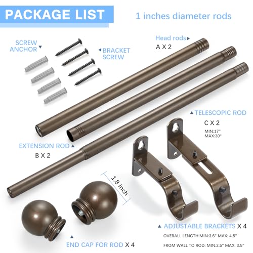 AMZSEVEN Curtain Rods for Windows 16 to 48 Inches, Curtain Rod Max Adjustable Length of 60 IN, 1" Diameter Drapery Rods Round Finials, Brown, Pack of 2 - Image 3