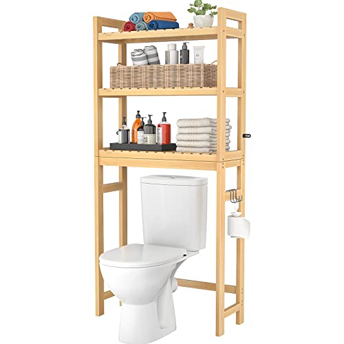 Homykic Homykic Over The Toilet Storage 3Tier Bamboo Bathroom Shelf with 3 Hooks Above Toilet Organizer Rack Freestanding for Small Space Restroom Laundry Easy Assembly Natural 