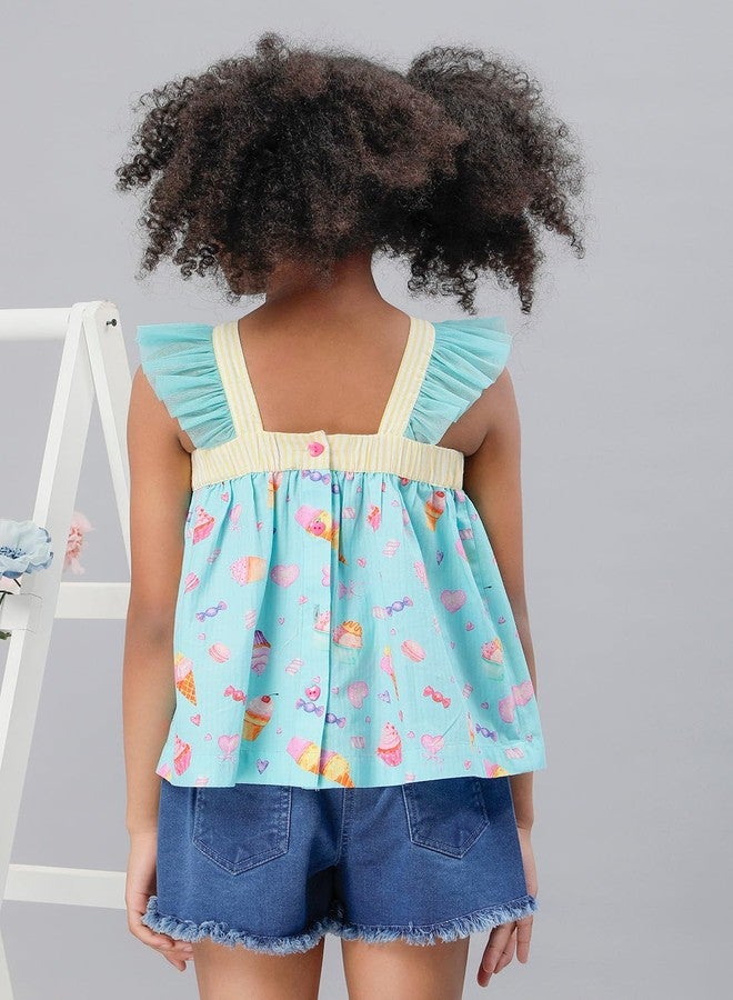 One Friday Kids Girls Aqua Cotton V-Neck Top - Image 4