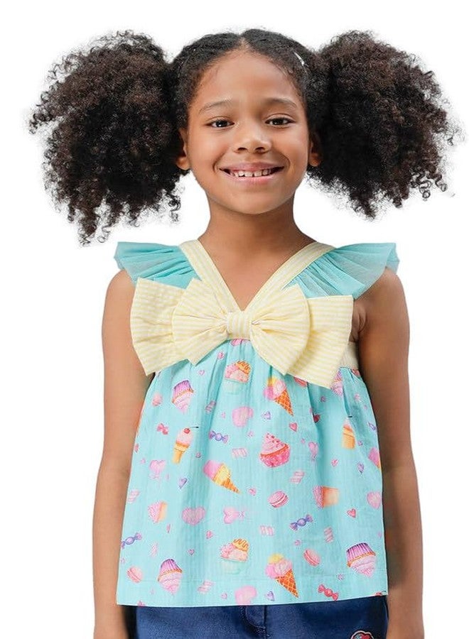 One Friday Kids Girls Aqua Cotton V-Neck Top - Image 1