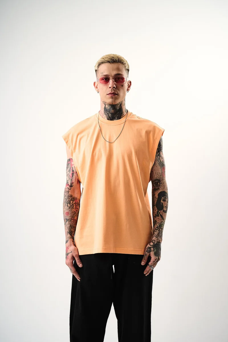 RESPIRE Men's Basic Sleeveless Oversize T-Shirt, Peach