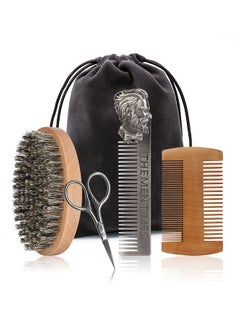 Uwals 4-Piece Soft Mane Bristle Beard Brush And Comb Set, Professional Stainless Steel Beard Scissors Grate Comb with Velvet Travel Pouch  - Image 1