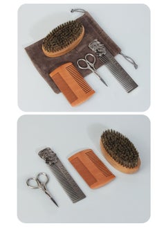 Uwals 4-Piece Soft Mane Bristle Beard Brush And Comb Set, Professional Stainless Steel Beard Scissors Grate Comb with Velvet Travel Pouch  - Image 4