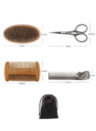 4-Piece Soft Mane Bristle Beard Brush And Comb Set, Professional Stainless Steel Beard Scissors Grate Comb with Velvet Travel Pouch - view 2