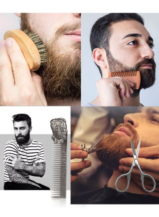 4-Piece Soft Mane Bristle Beard Brush And Comb Set, Professional Stainless Steel Beard Scissors Grate Comb with Velvet Travel Pouch - view 3