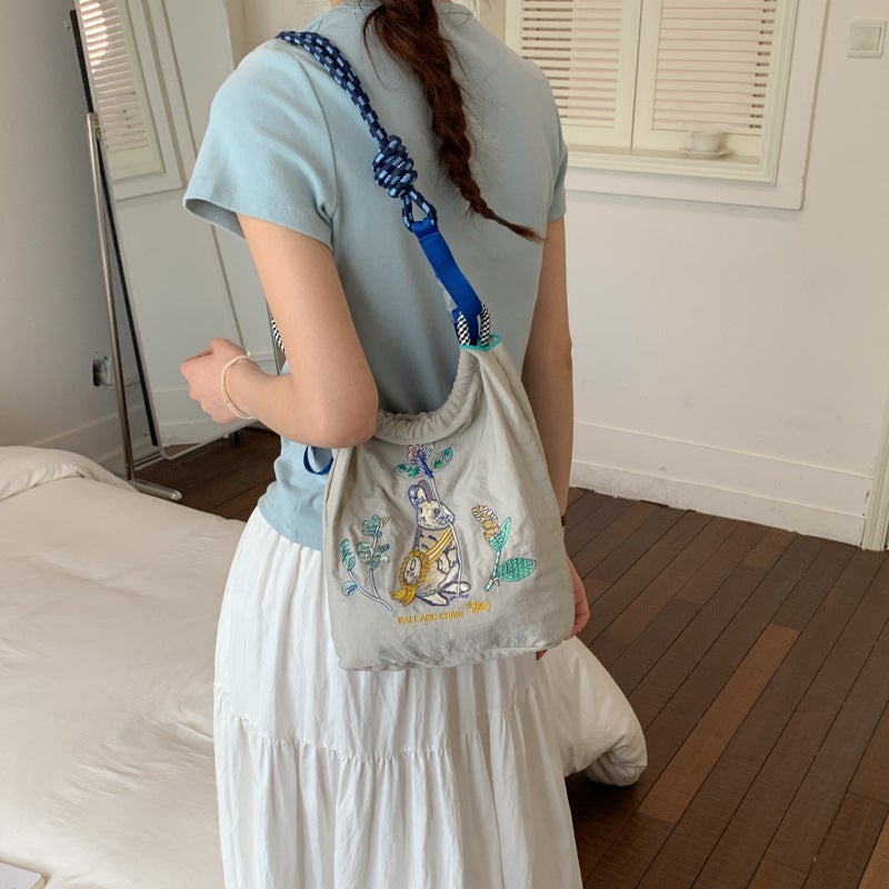 Women's Embroidered Nylon Drawstring Bucket Shoulder Bag - Image 5