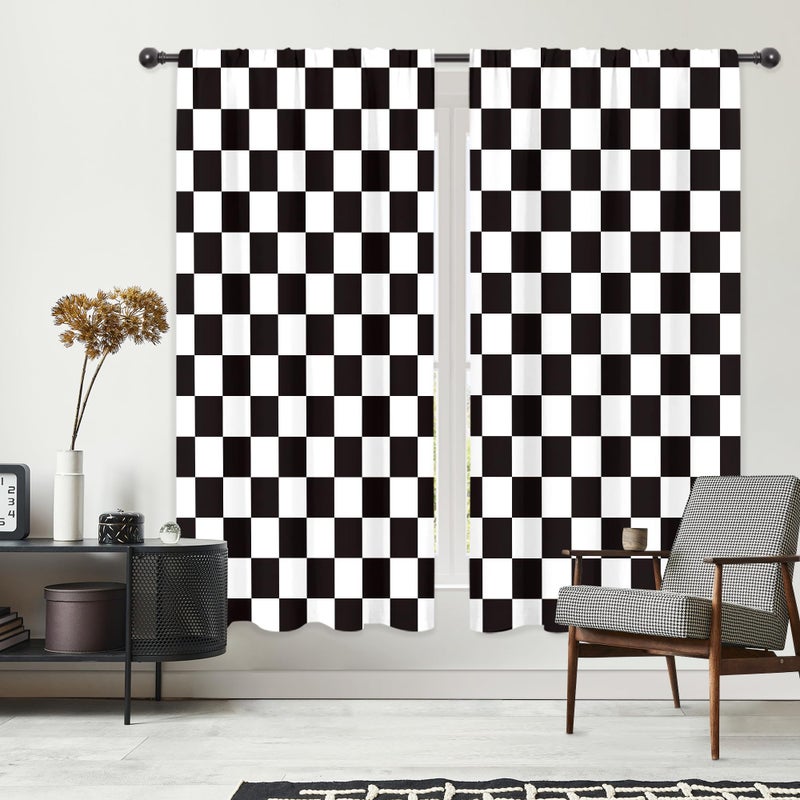 Riyidecor Checkered Curtains Black and White Abstract Race Car Flag Boys Teens Cute Retro Vintage Classic Hippie Groovy Rod Pocket Modern Bedroom Living Room Treatment Fabric 2 Panels 42Wx63H Inch - Image 5