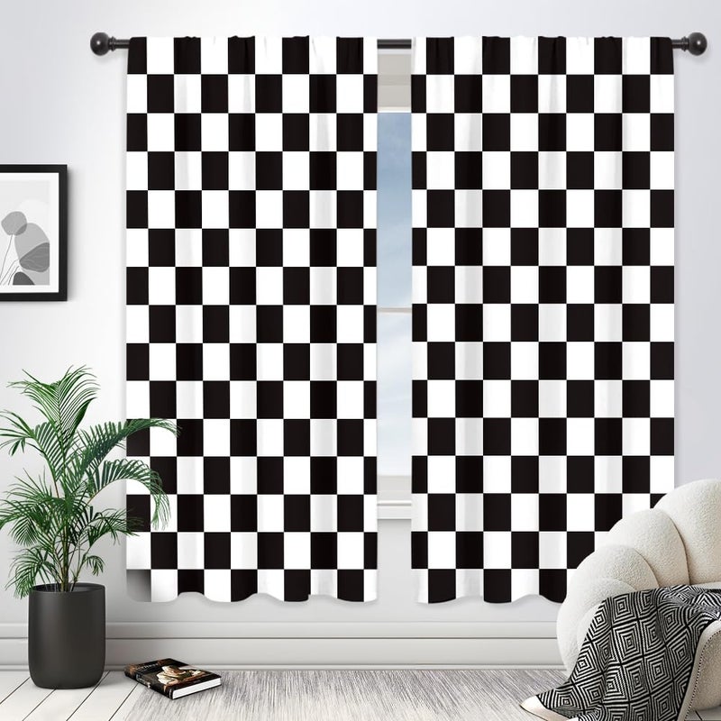 Riyidecor Checkered Curtains Black and White Abstract Race Car Flag Boys Teens Cute Retro Vintage Classic Hippie Groovy Rod Pocket Modern Bedroom Living Room Treatment Fabric 2 Panels 42Wx63H Inch - Image 1