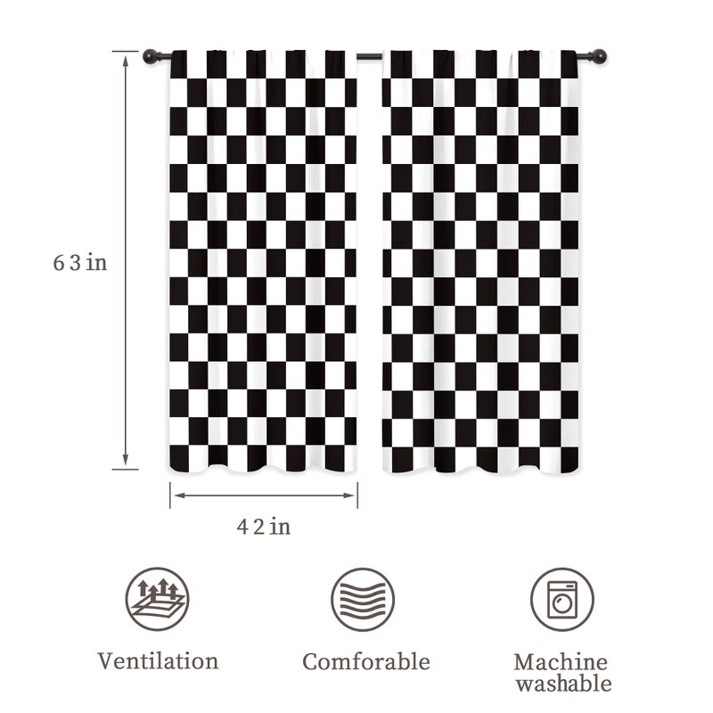 Riyidecor Checkered Curtains Black and White Abstract Race Car Flag Boys Teens Cute Retro Vintage Classic Hippie Groovy Rod Pocket Modern Bedroom Living Room Treatment Fabric 2 Panels 42Wx63H Inch - Image 2