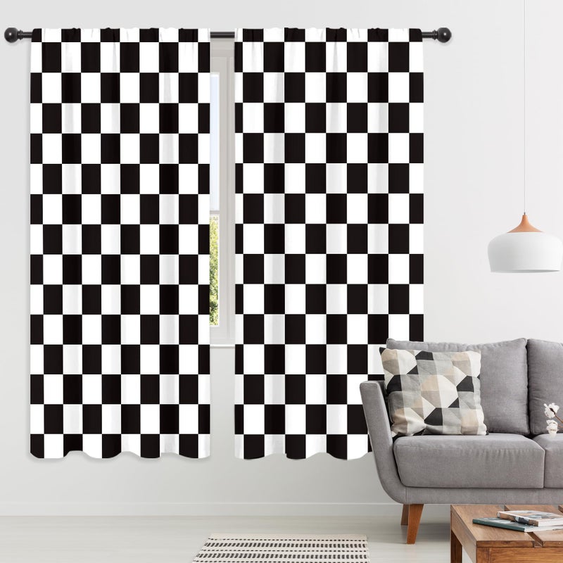 Riyidecor Checkered Curtains Black and White Abstract Race Car Flag Boys Teens Cute Retro Vintage Classic Hippie Groovy Rod Pocket Modern Bedroom Living Room Treatment Fabric 2 Panels 42Wx63H Inch - Image 4