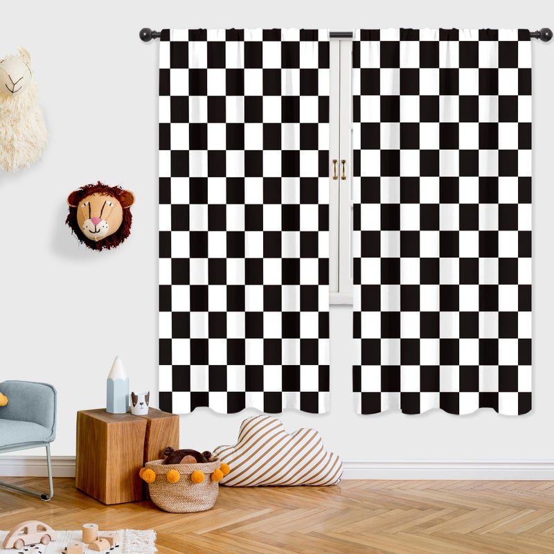 Riyidecor Checkered Curtains Black and White Abstract Race Car Flag Boys Teens Cute Retro Vintage Classic Hippie Groovy Rod Pocket Modern Bedroom Living Room Treatment Fabric 2 Panels 42Wx63H Inch - Image 3