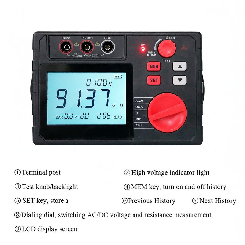 YERTAI Digital Insulation Resistance Tester 100V/200V/500V/1000V/2500V Voltmeter 0 to 100G ohm Meter Megohmmeter Ground Resistance 100 Sets Data Storage Tester LCD Display with Backlight - Image 5