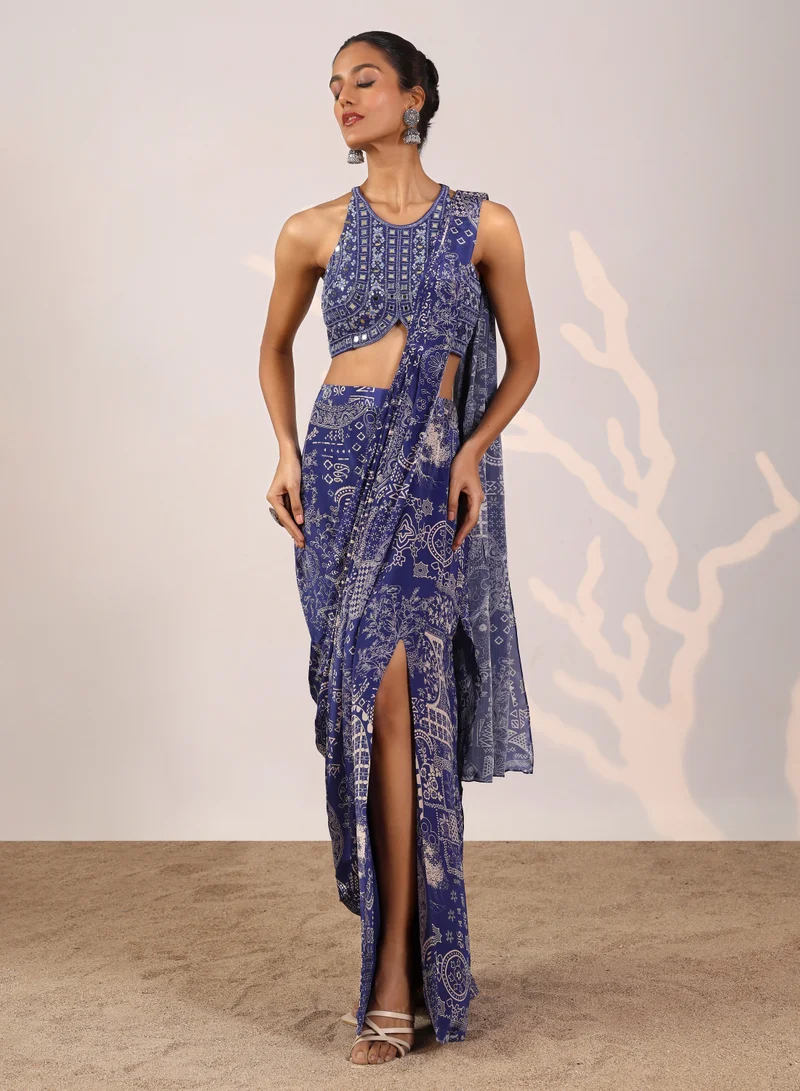 Lehar Indigo Bandhani Print Pre-Draped Saree with Embellished Blouse