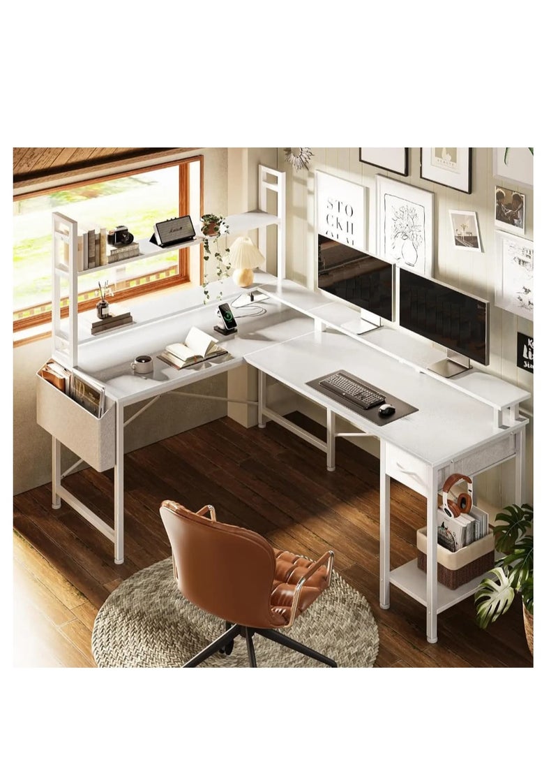 Generic L-Shaped Gaming & Home Office Desk with RGB Lighting and USB Ports White - Image 3