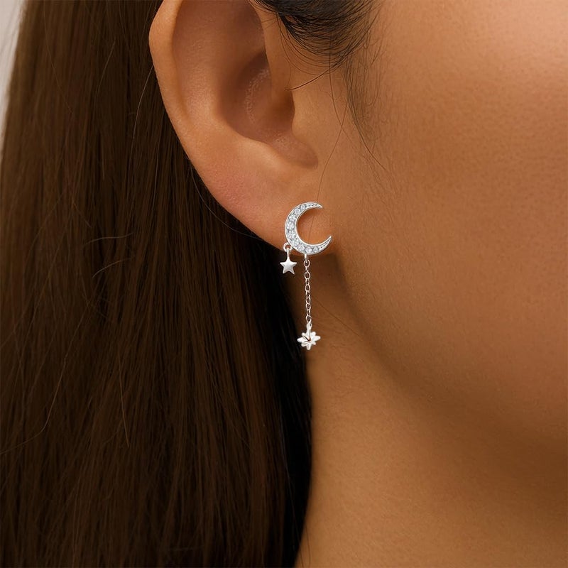 Jacruces Moon And Star Earrings for Women Sterling Silver Post Stud Earring Hypoallergenic Dangle Earrings With Star Drop Women Gifts - Image 3