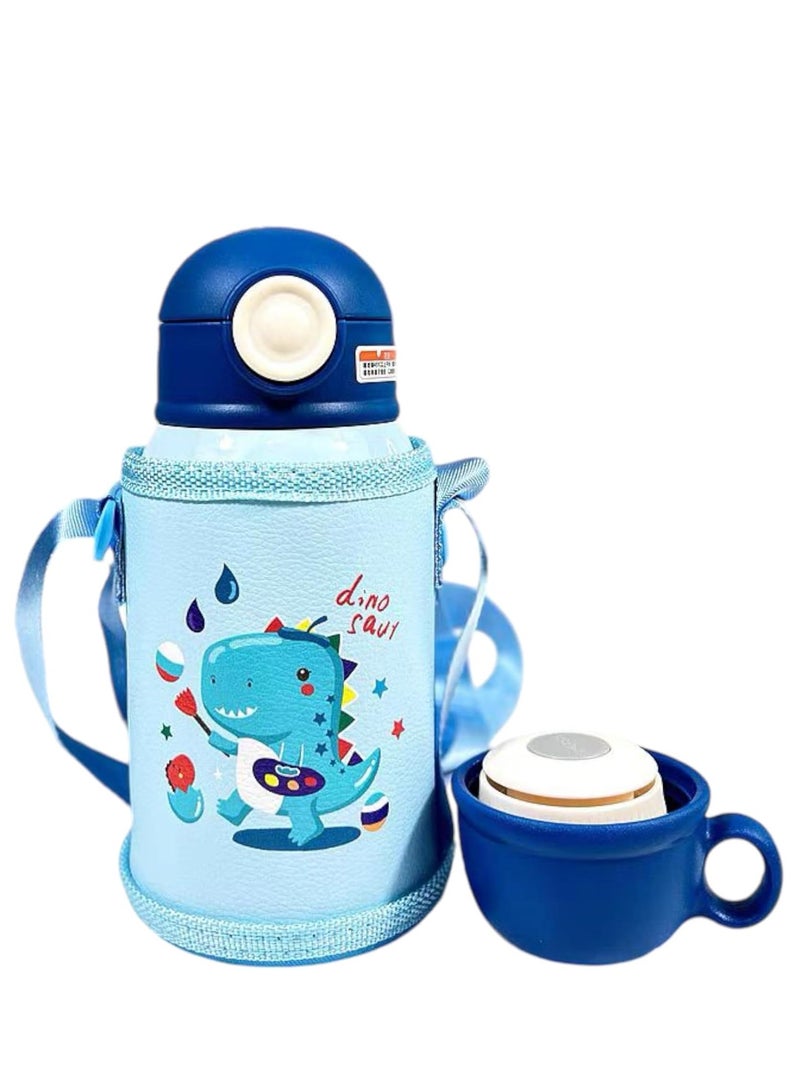 UKR 2-In-1 Dinosaur Kids Straw Water Bottle – 550Ml Stainless Steel Insulated Flask With Button | Leakproof 18Oz Water Bottle For School & Nursery | Hot & Cold Drink Flask With Cup & Case (Blue) - Image 1