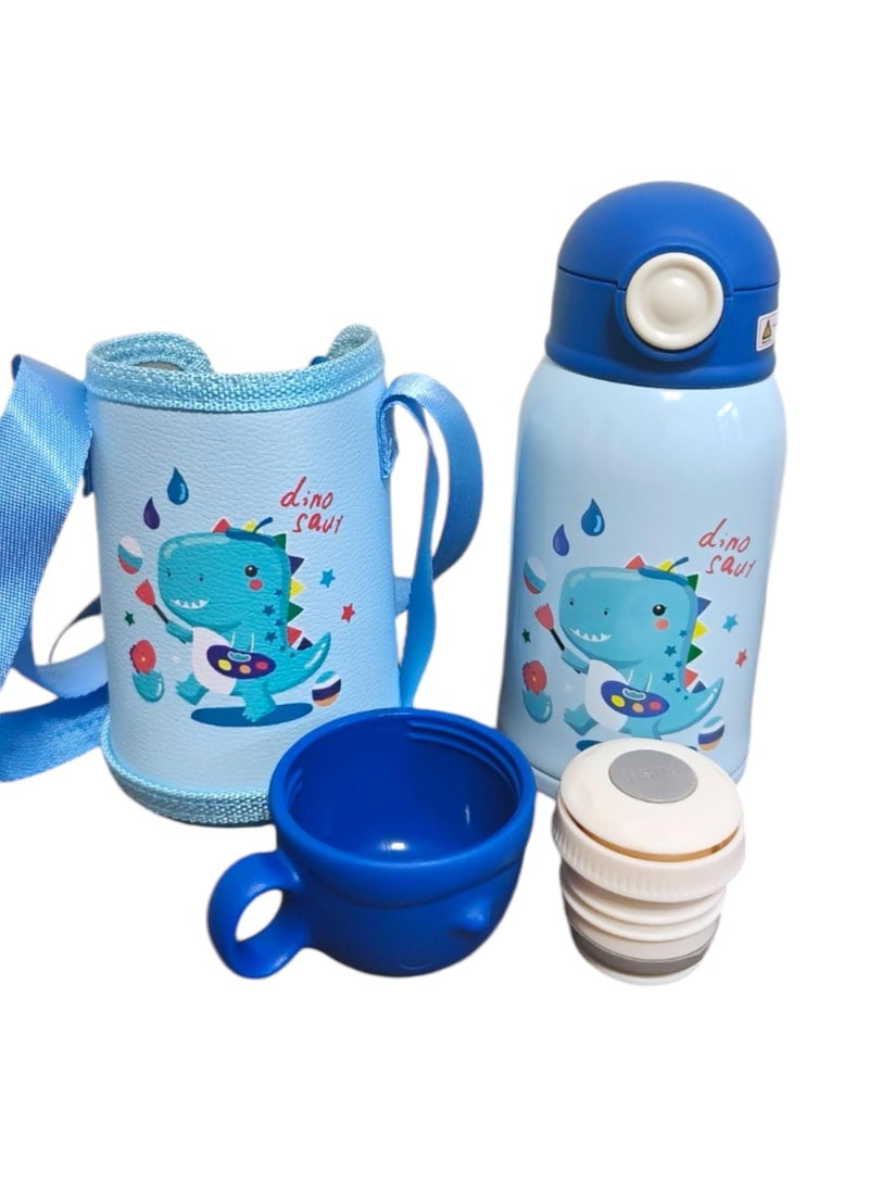 UKR 2-In-1 Dinosaur Kids Straw Water Bottle – 550Ml Stainless Steel Insulated Flask With Button | Leakproof 18Oz Water Bottle For School & Nursery | Hot & Cold Drink Flask With Cup & Case (Blue) - Image 2