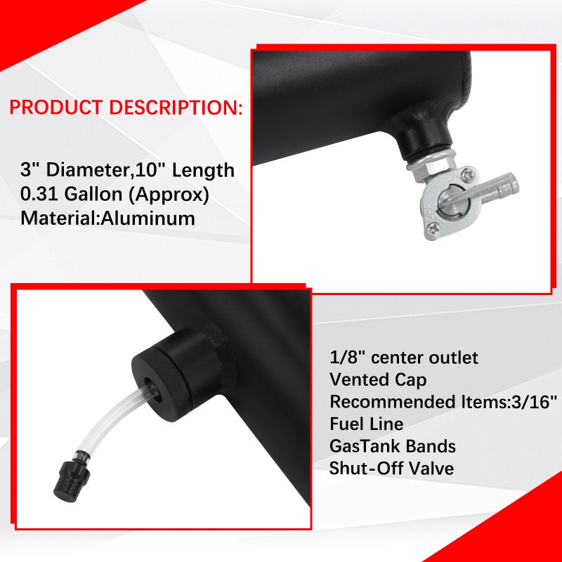 LVOUP 3x10 Go Kart and Mini Bike Gas Tank Cylinder with Clamp Compatible for Coleman Powersports CT200U BT200X CT200u-ex and Predator 212cc 196cc/6.5HP Black - Image 5