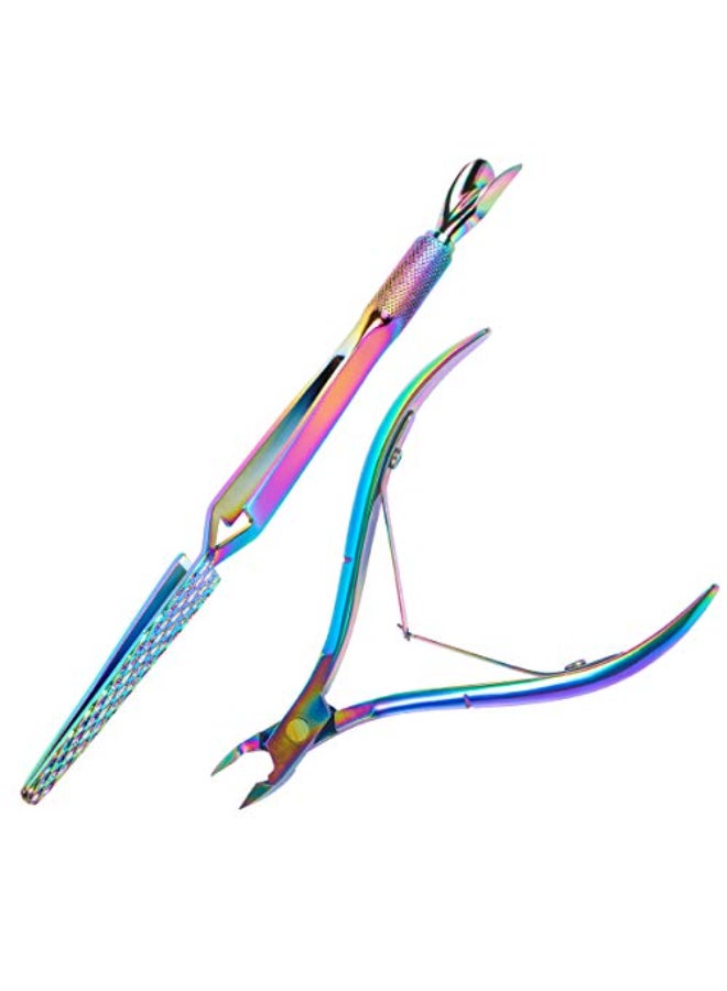 JOLLYSTYLE Colorful Stainless Steel Nail Art Tools Pinching Cuticle Pusher and Cuticle Cutter Nipper Multifunction False Nail Cutter Shaping Tweezers Manicure Tools - Image 1