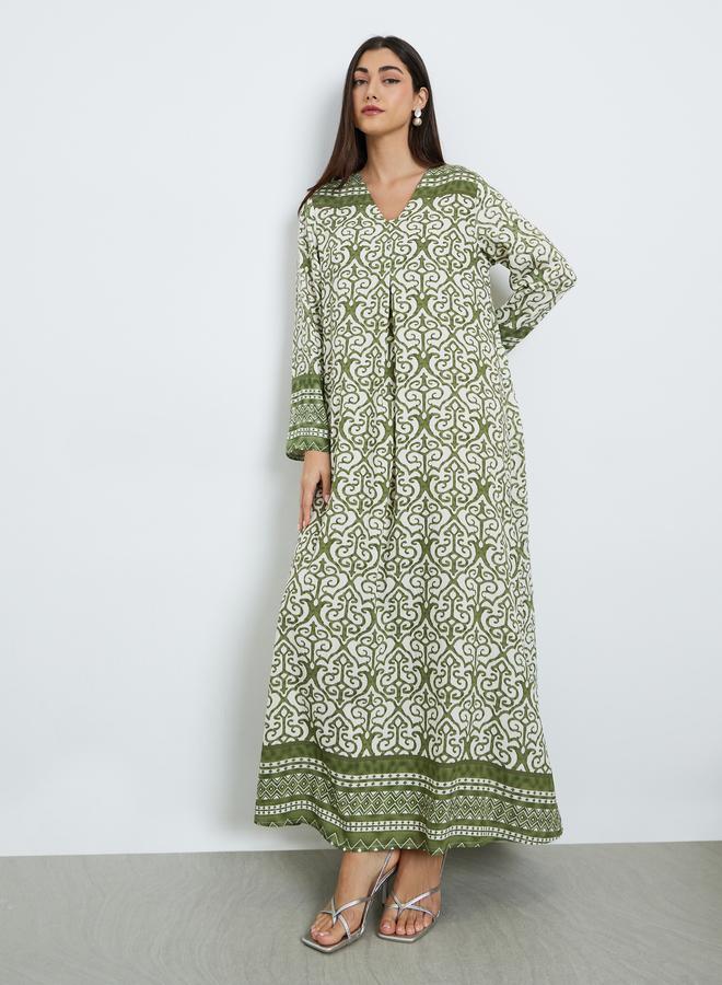 Amirah Green Printed Long Sleeve A-Line Jalabiya - Image 3